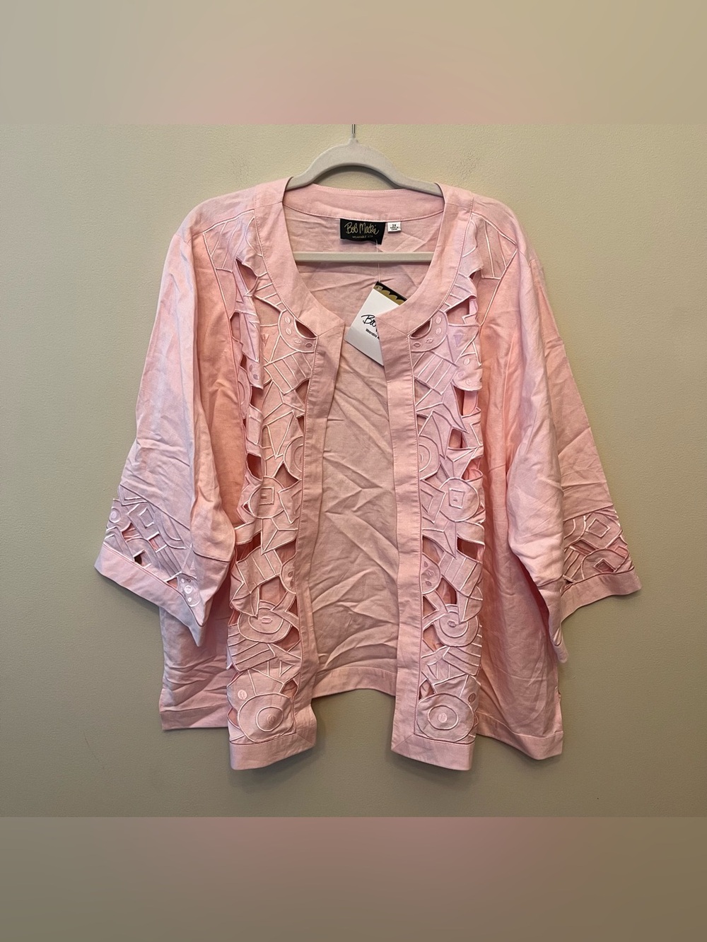 NWT Bob Mackie Wearable Art Open Front Linen Blend Top Womens Size 3X Light Pink